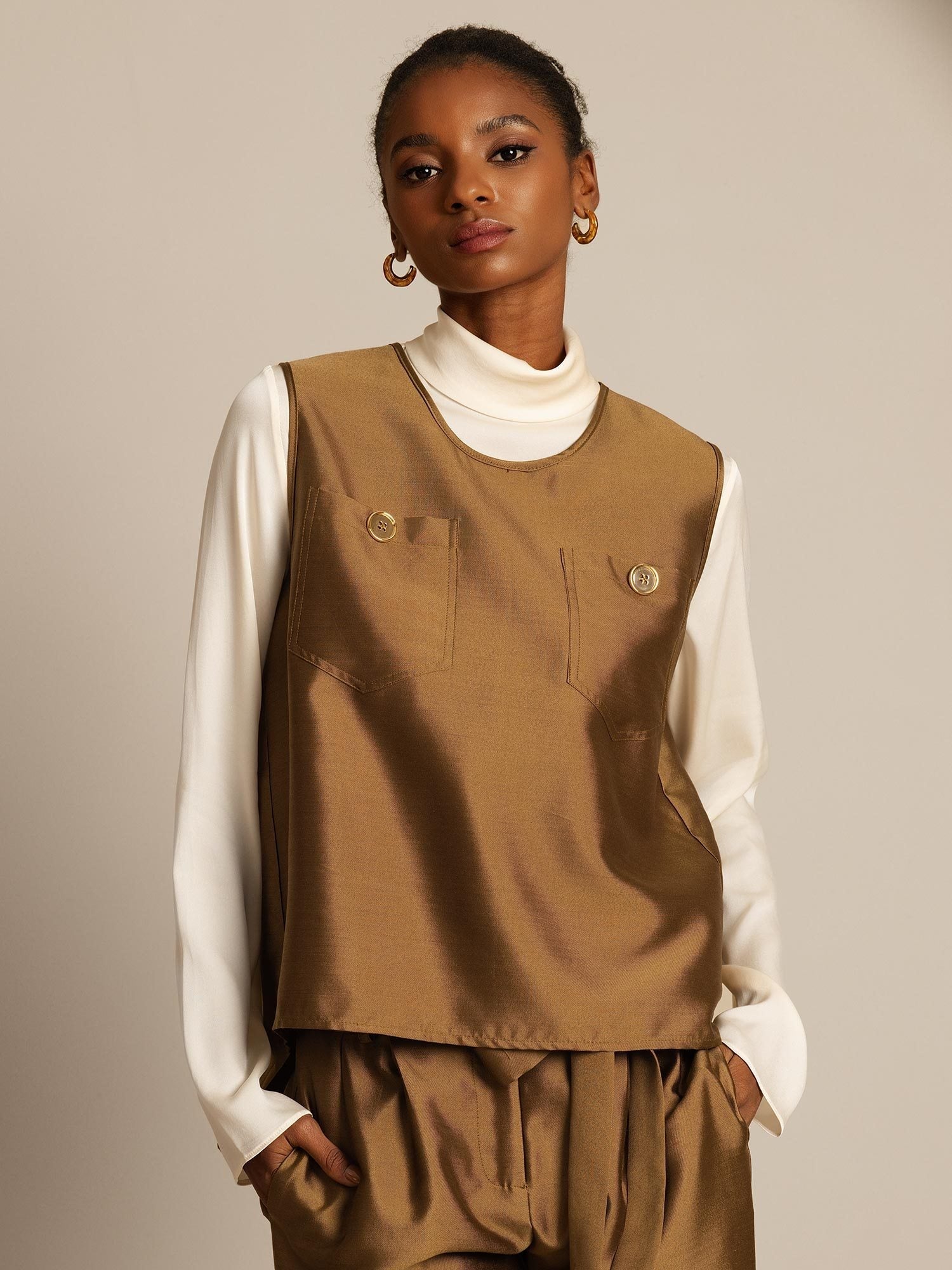 [Bronze] SilkSilky-CA 32Momme Silk-Wool Blend Womens Vest 001,