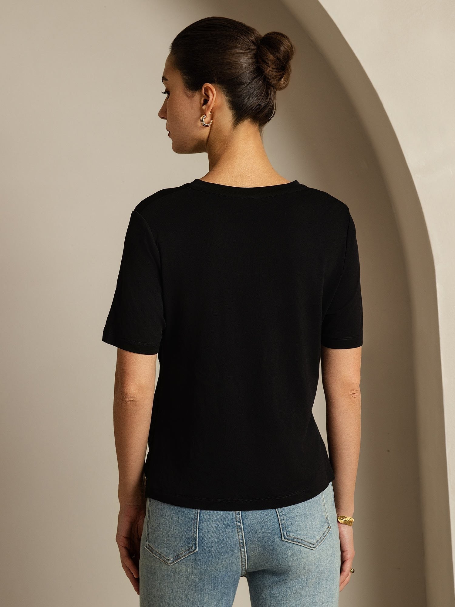 [Black] SilkSilky-CA 100% High-Twist Silk Jersey Short Sleeve V Neck Women's T-Shirt 002