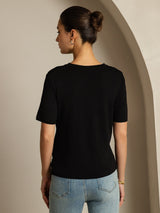 [Black] SilkSilky-CA 100% High-Twist Silk Jersey Short Sleeve V Neck Women's T-Shirt 002