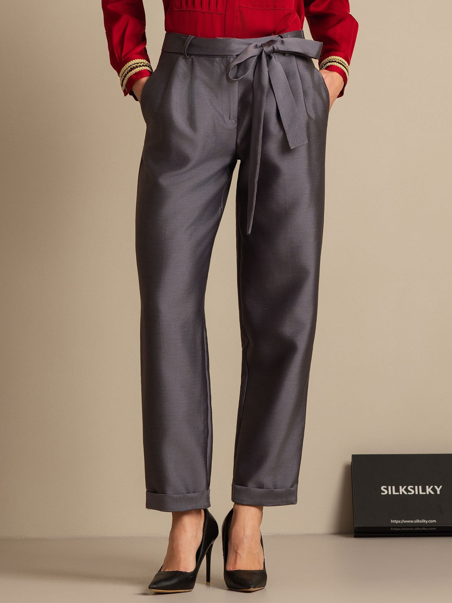 [Gray] SilkSilky-CA 32Momme Silk-Wool Blend Womens Pants 001,