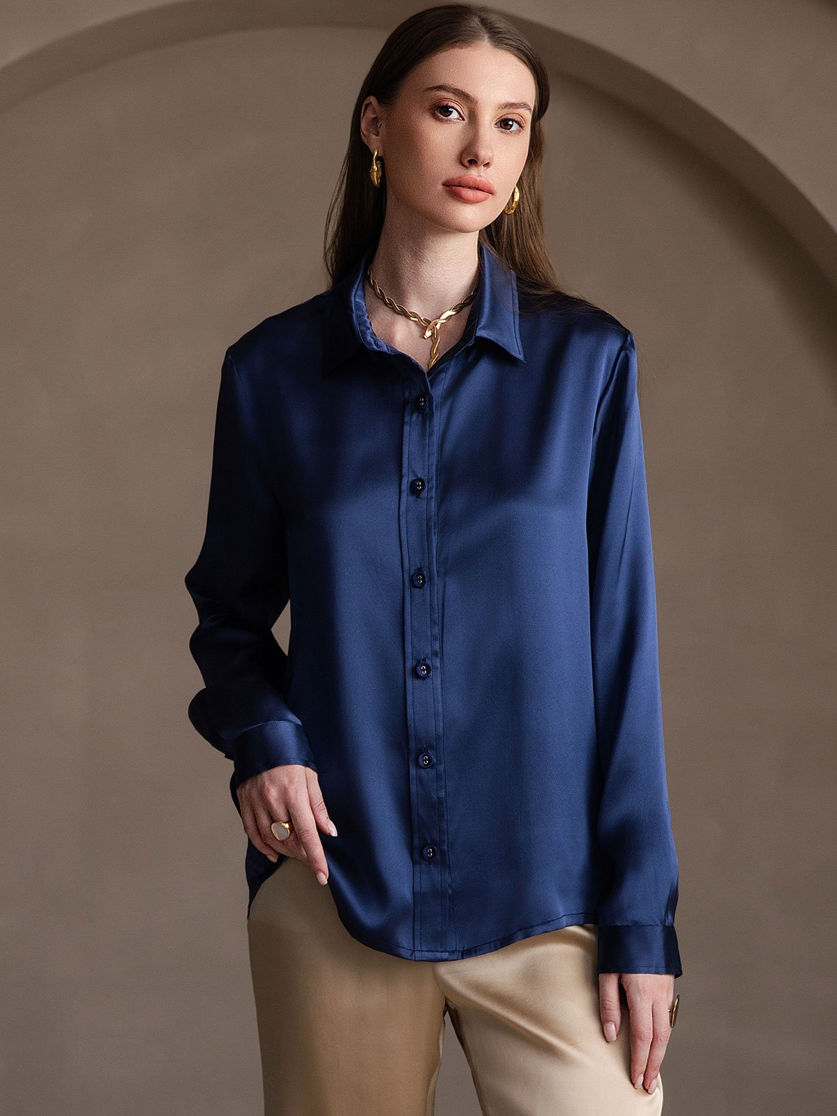 SilkSilky CA 19Momme Silk Long Sleeve Collar Women's Shirt DarkBlue 004