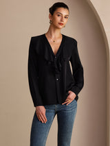 [Black] SilkSilky-CA Long Sleeve Deep V Neck Women's Blouse 001