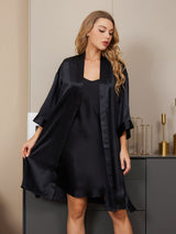 [Black] SilkSilky-CA 3/4 Sleeve V Neck Nightgown&Robe Set 001