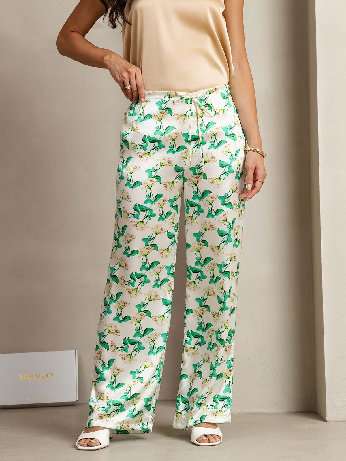 [Green Floral] SilkSilky-CA 19Momme Silk Womens Pants 001