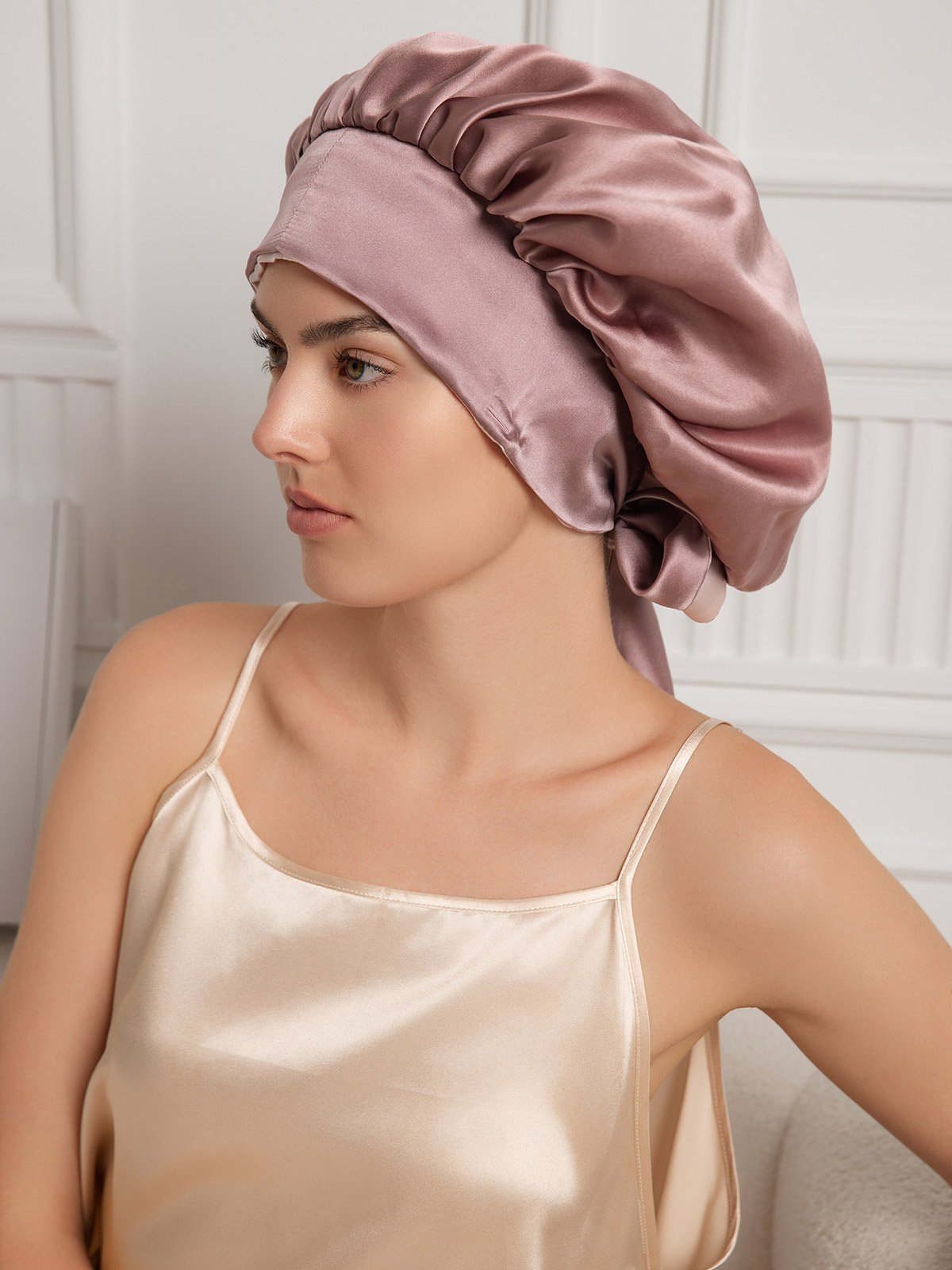 SilkSilky-CA Pure Silk Sleep Cap PaleMauve 001