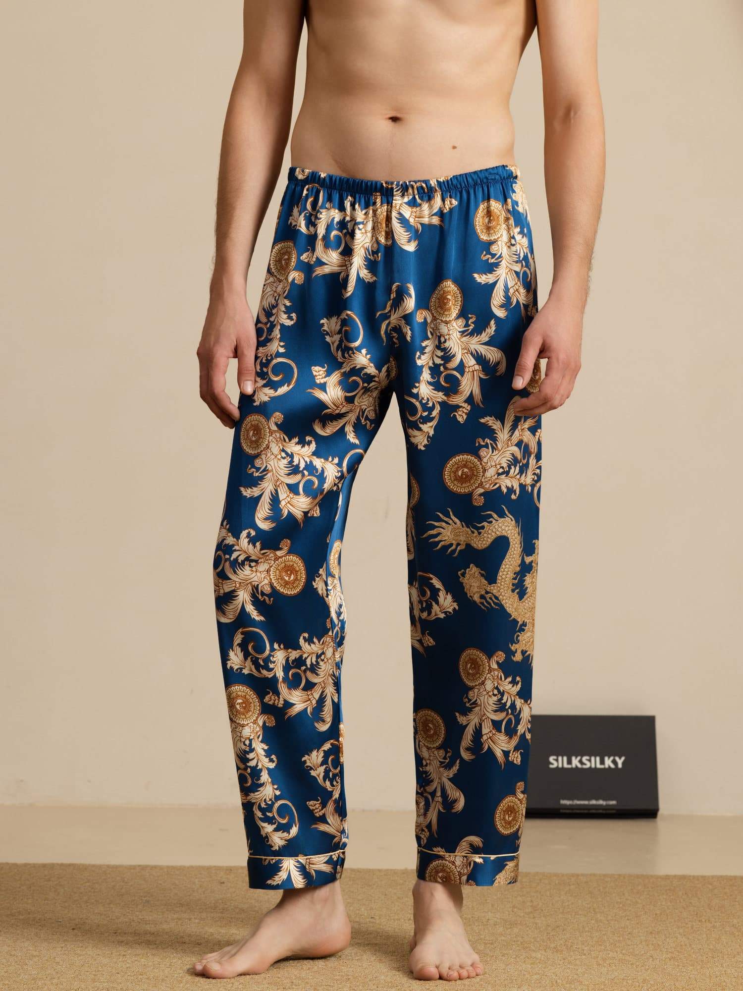 [Navy Dragon] SilkSilky-CA Mens Sleep Bottoms 001
