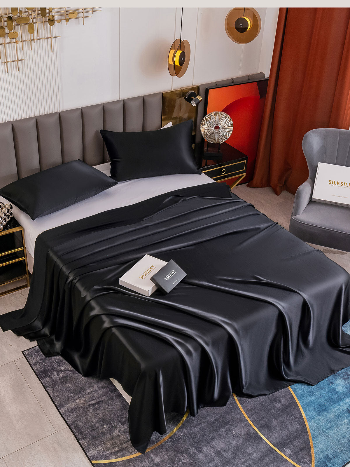 SilkSilky CA 19Momme Pure Silk Bedding Set Black 001