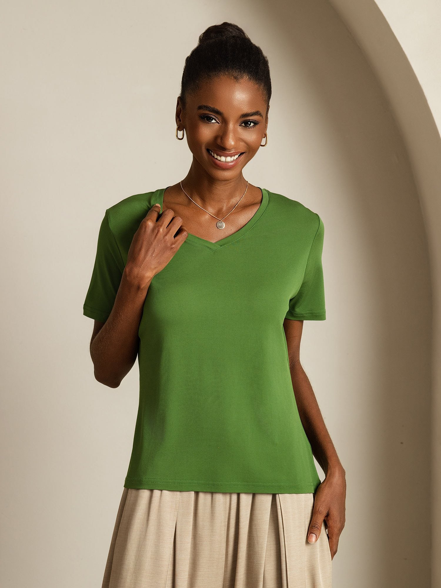 [Green] SilkSilky-CA Pure Silk V Neck Women's T-Shirt 005
