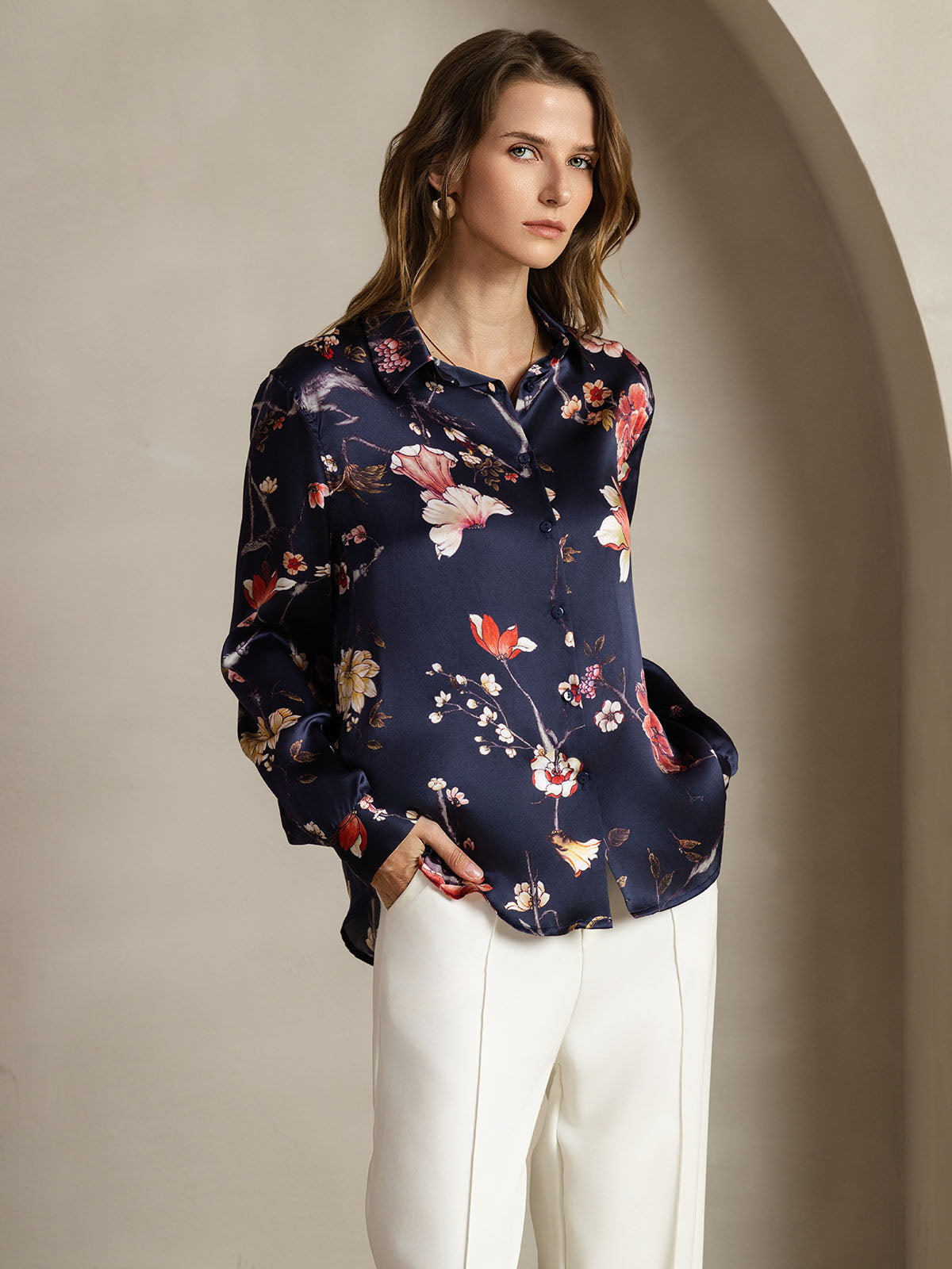 [Navy Floral] SilkSilky-CA Silk Lapel Collar Women's Shirt 001