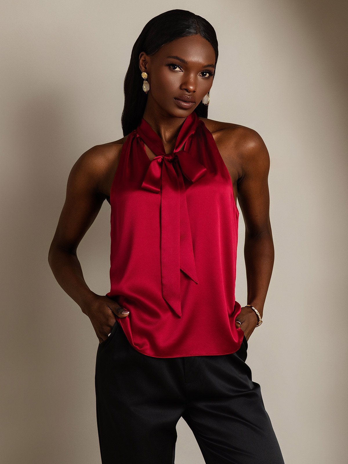 SilkSilky-CA 19Momme Silk Sleeveless Tie Neck Women's Shirt Wine 003