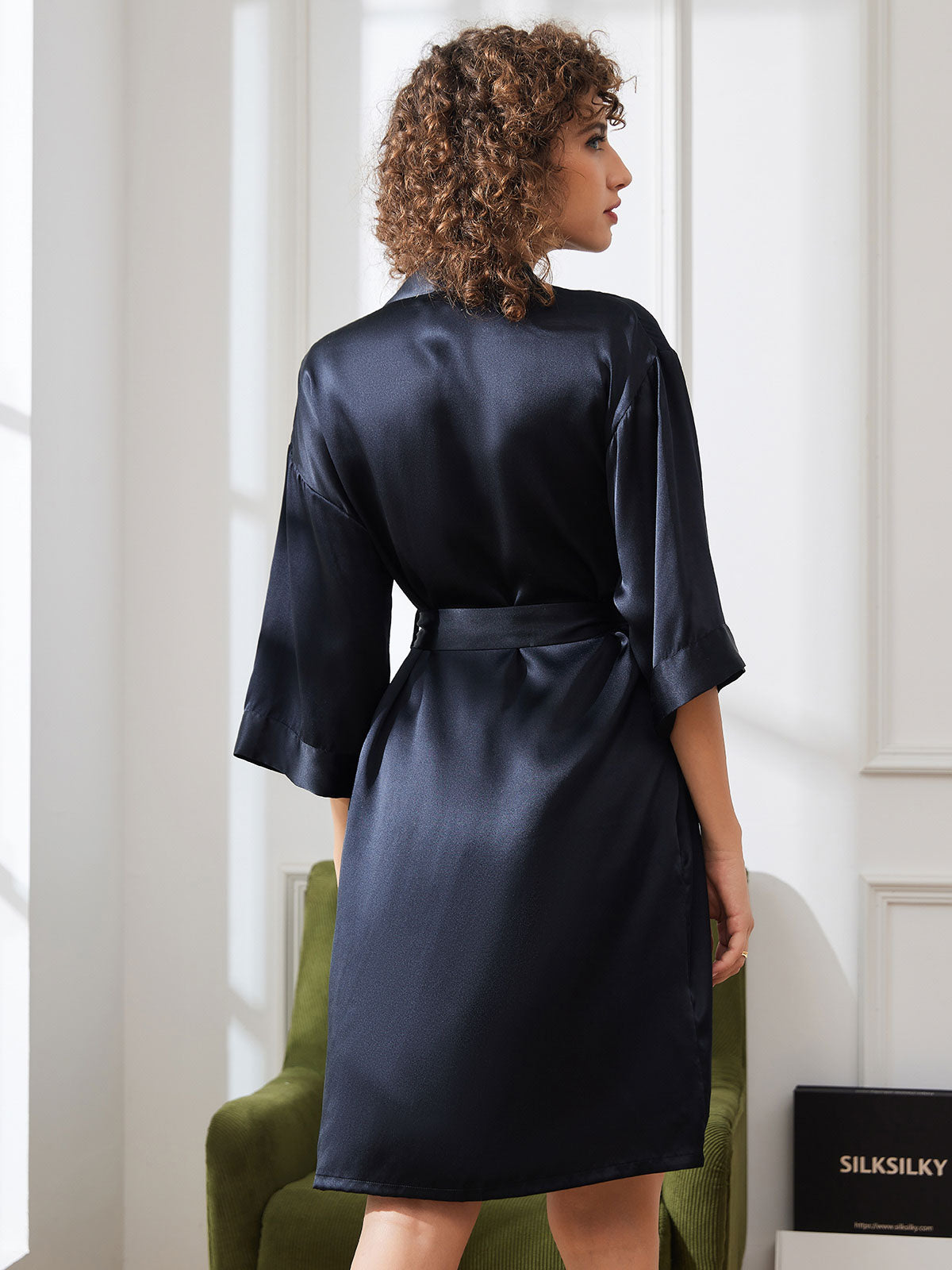 [Black] SilkSilky-CA Pure Silk 3/4 Sleeve Wrap Women's Robe 002