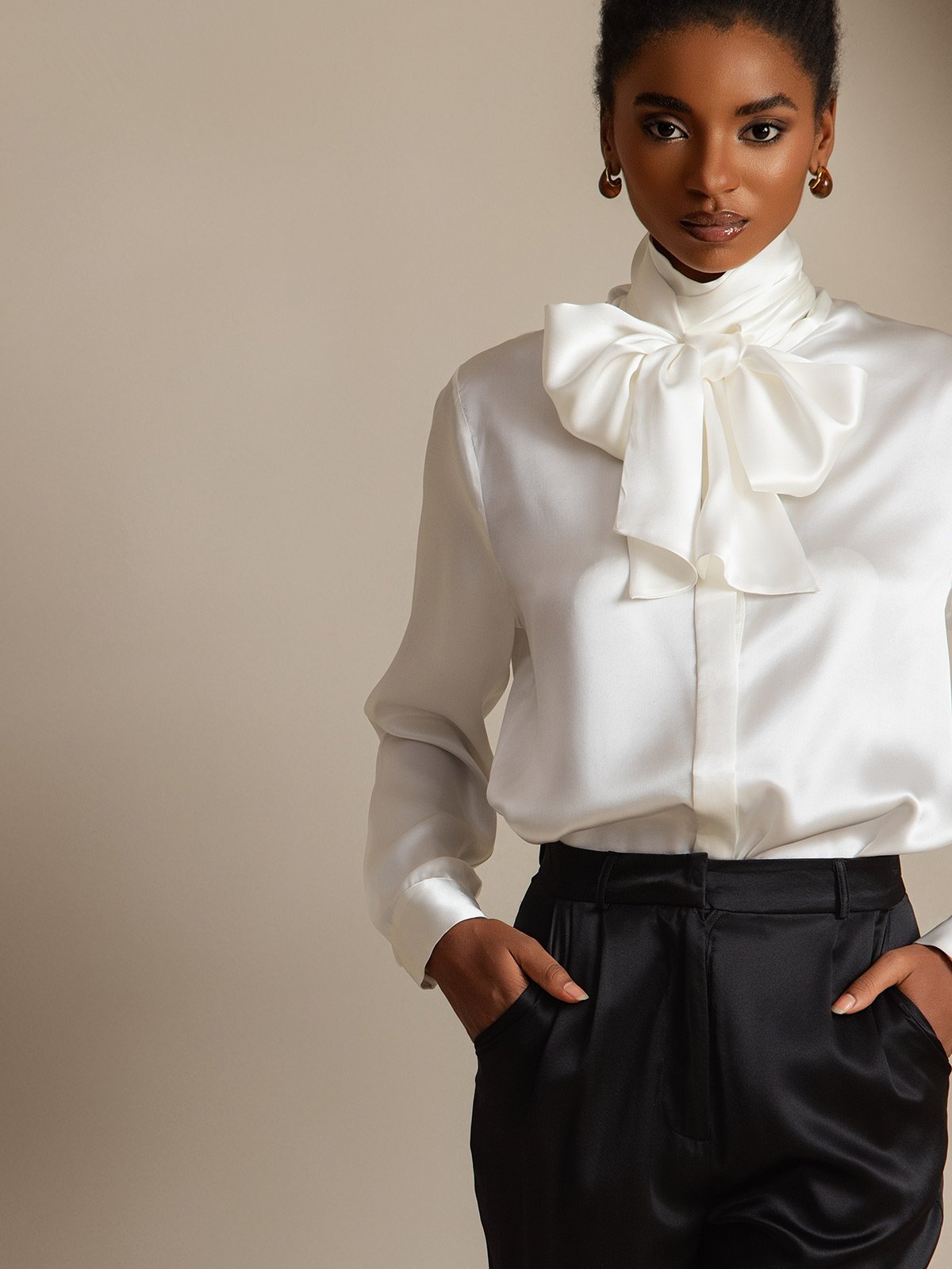 [White] SilkSilky-CA 19Momme Silk High Neck Women's Shirt 004,