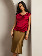 [Wine] SilkSilky-CA Cap Sleeve Cowl Neck Women's T-Shirt 001