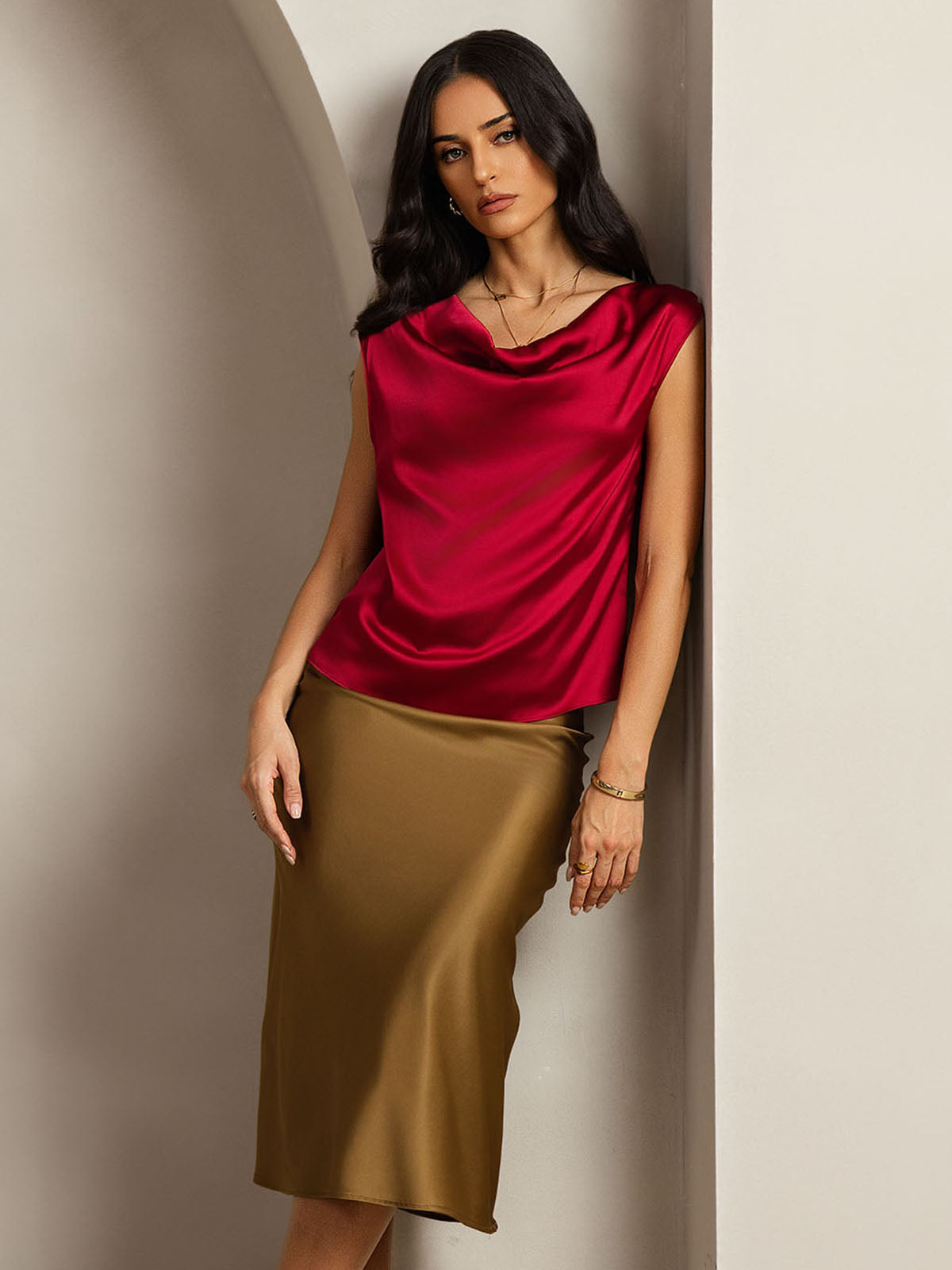 [Wine] SilkSilky-CA 19Momme Silk Cap Sleeve Cowl Neck Women's T-Shirt 004