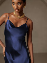 [Dark Blue] SilkSilky-CA Spaghetti Strap Cowl Neck Dress 007