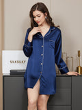 SilkSilky-CA Pure Silk Long Sleeve Lapel Nightshirt DarkBlue 001