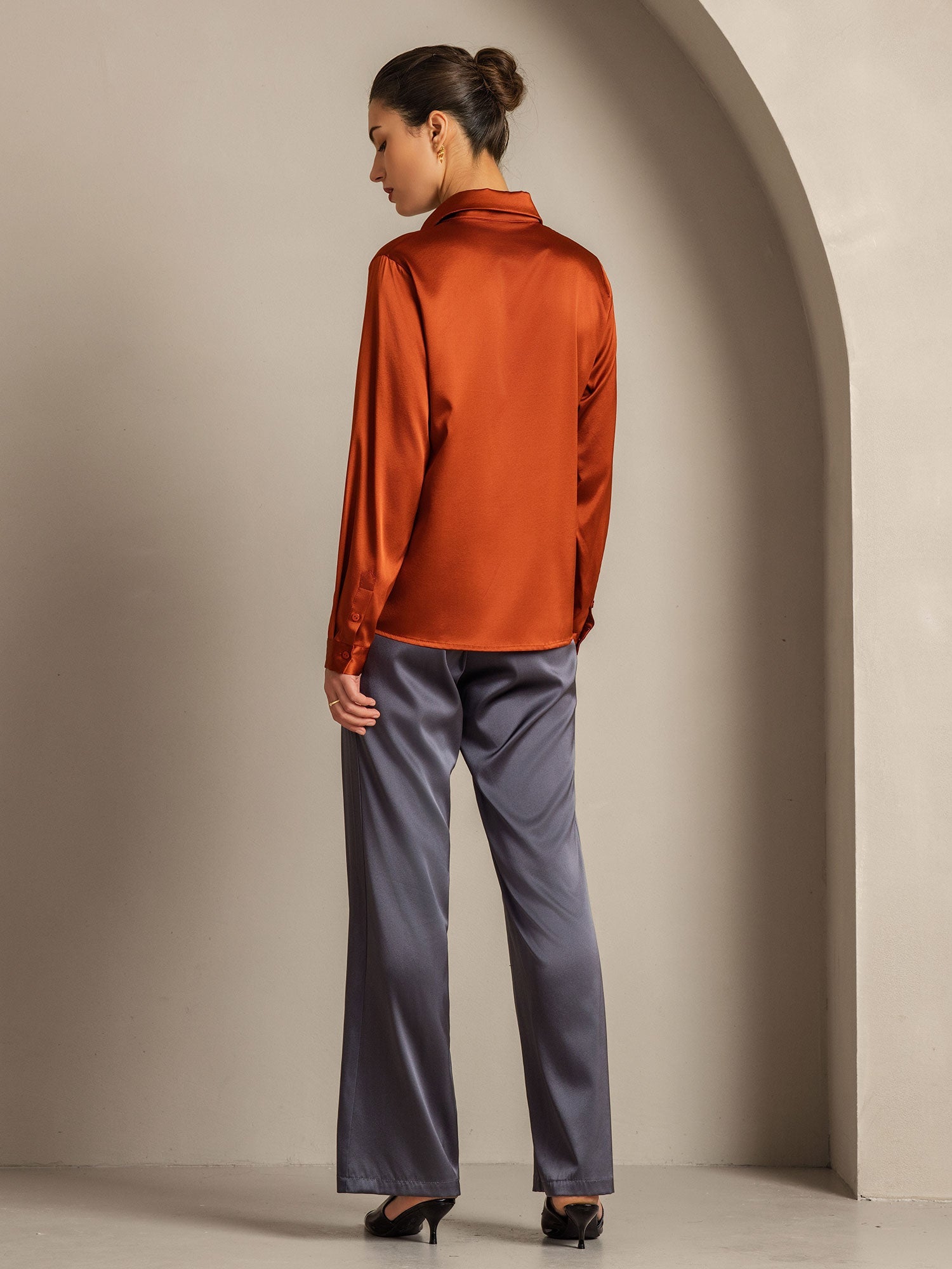 [Caramel] SilkSilky-CA 19Momme Silk Long Sleeve Lapel Collar Women's Shirt 010