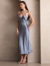 [Grayish Blue] SilkSilky-CA Spaghetti Strap V Neck Dress 006