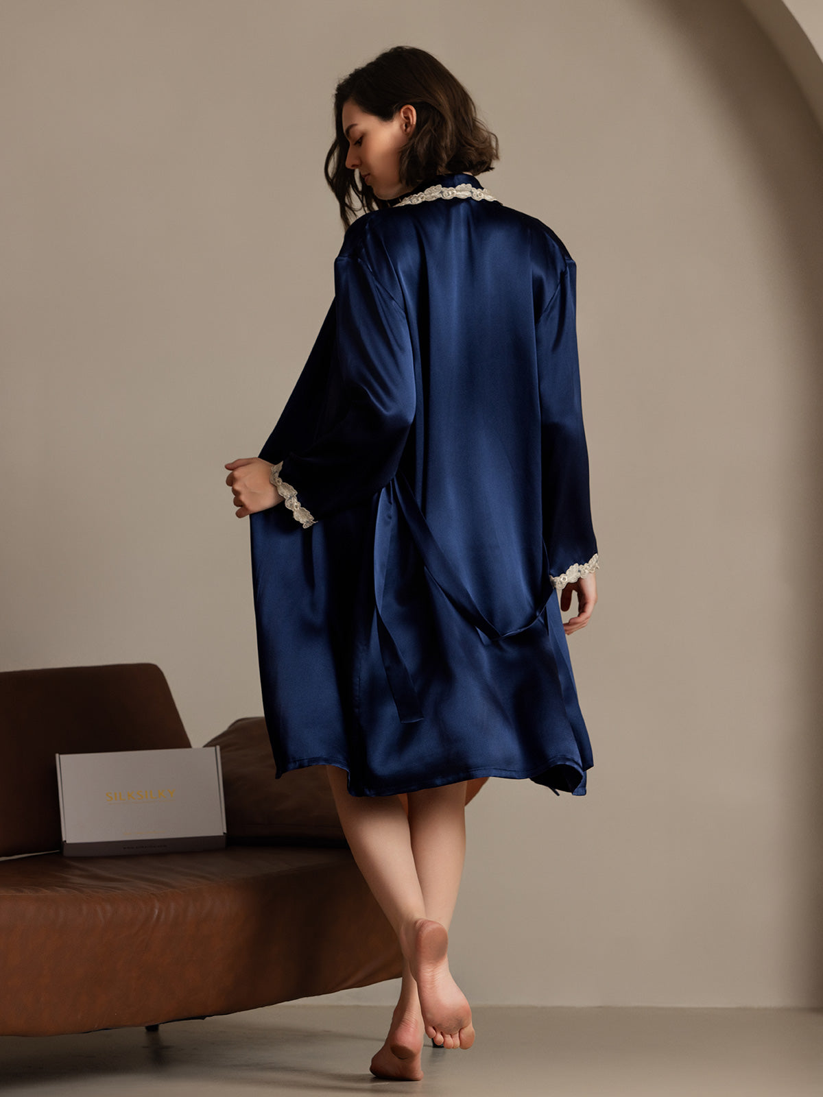 SilkSilky-CA Pure Silk Long Sleeve V Neck Women's Robe DarkBlue 002