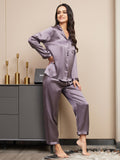 SilkSilky-CA Pure Silk Long Sleeve Lapel Women's Pajamas PurpleGray 005