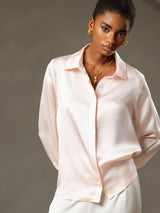 [Pink] SilkSilky-CA 19Momme Stretch Silk Charmeuse Long Sleeve Lapel Collar Women's Shirt 004