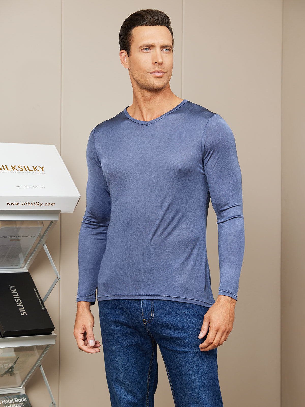 SilkSilky CA Silk Knitted Long Sleeve V Neck Men's T Shirt DarkBlue 001