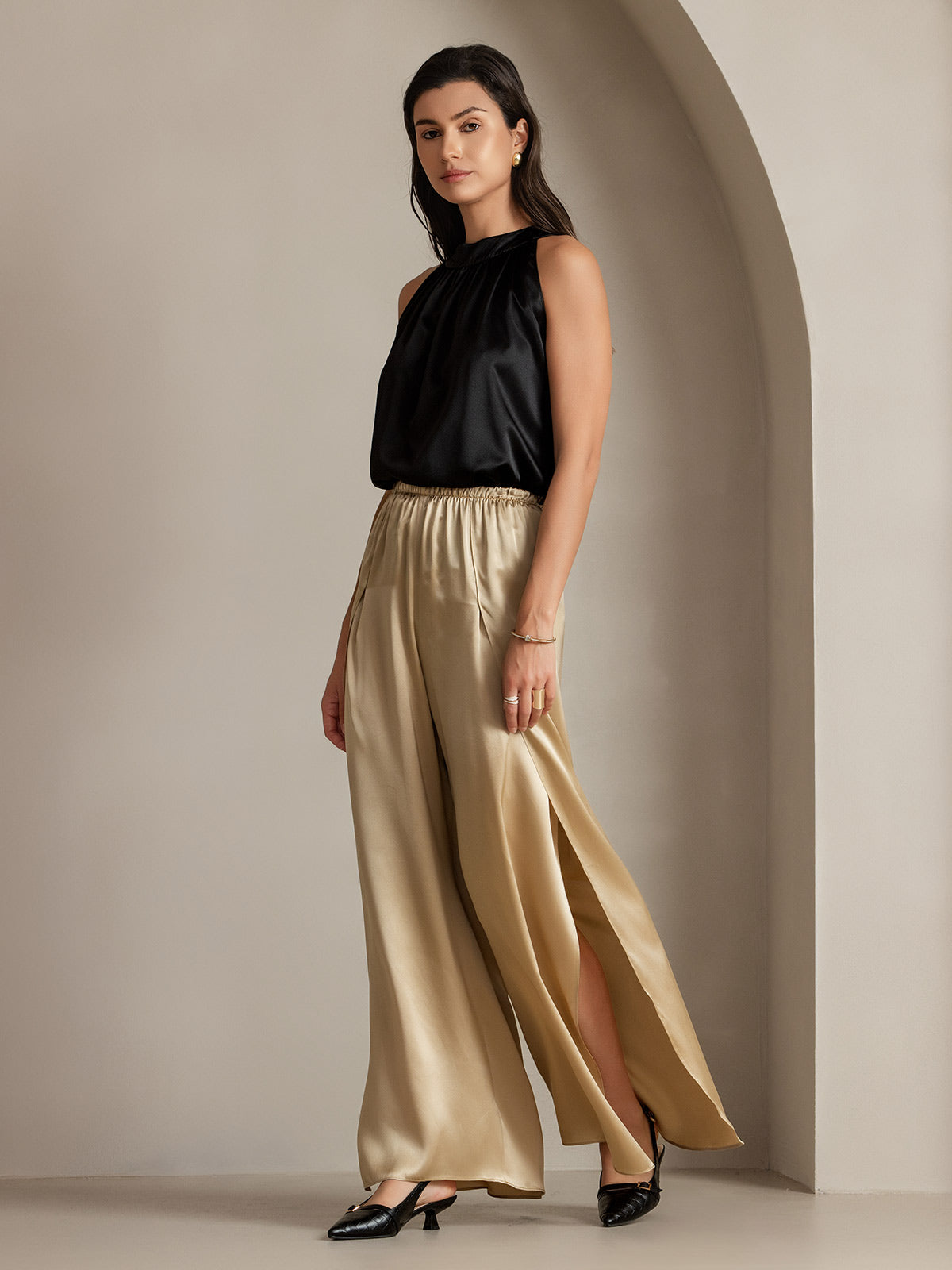 [Champagne] SilkSilky-CA 19Momme Silk Split Women's Pants 014