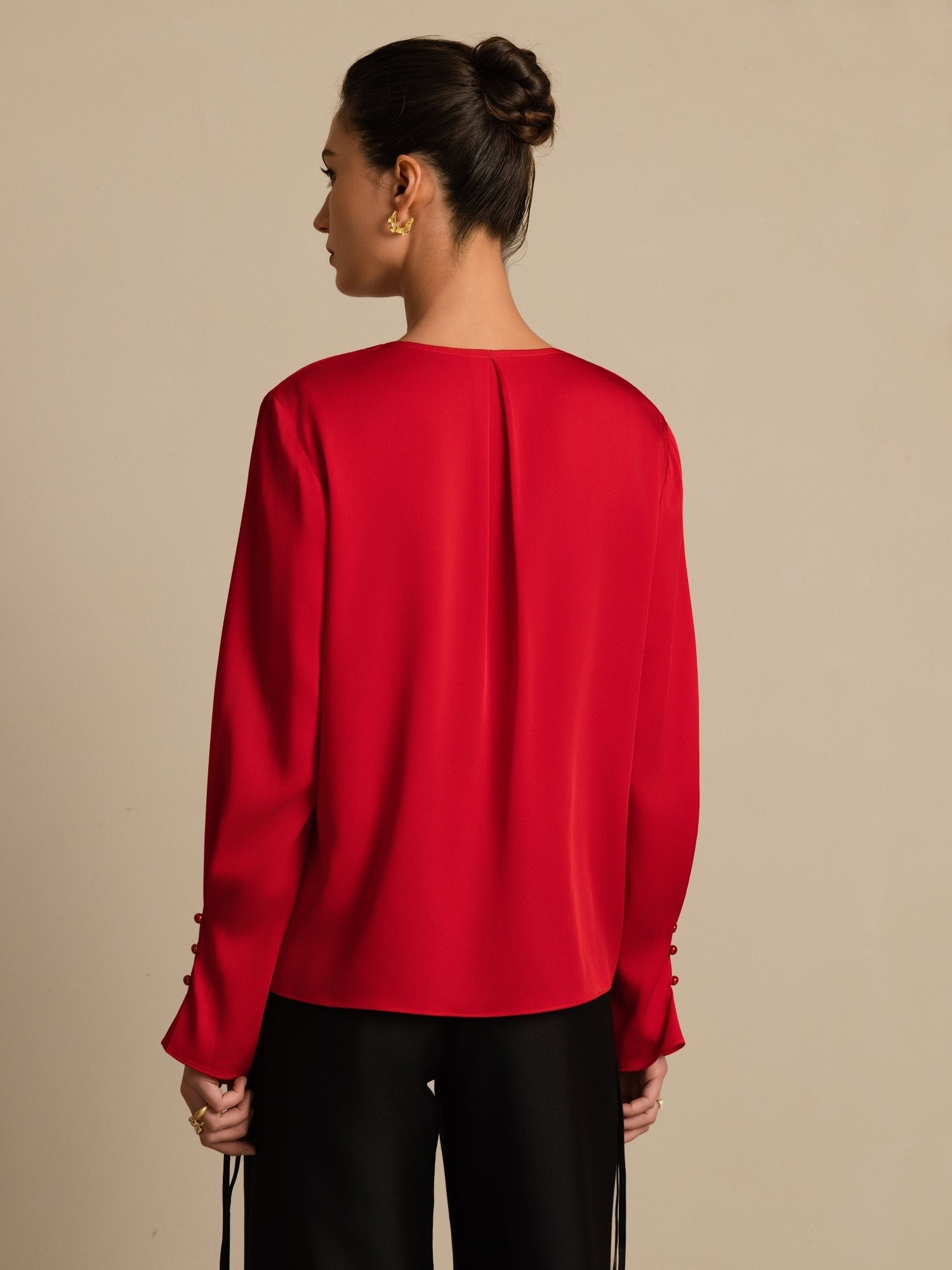 [Wine] SilkSilky-CA 19Momme Stretch Silk Double Georgette Long Sleeve V Neck Blouse 002