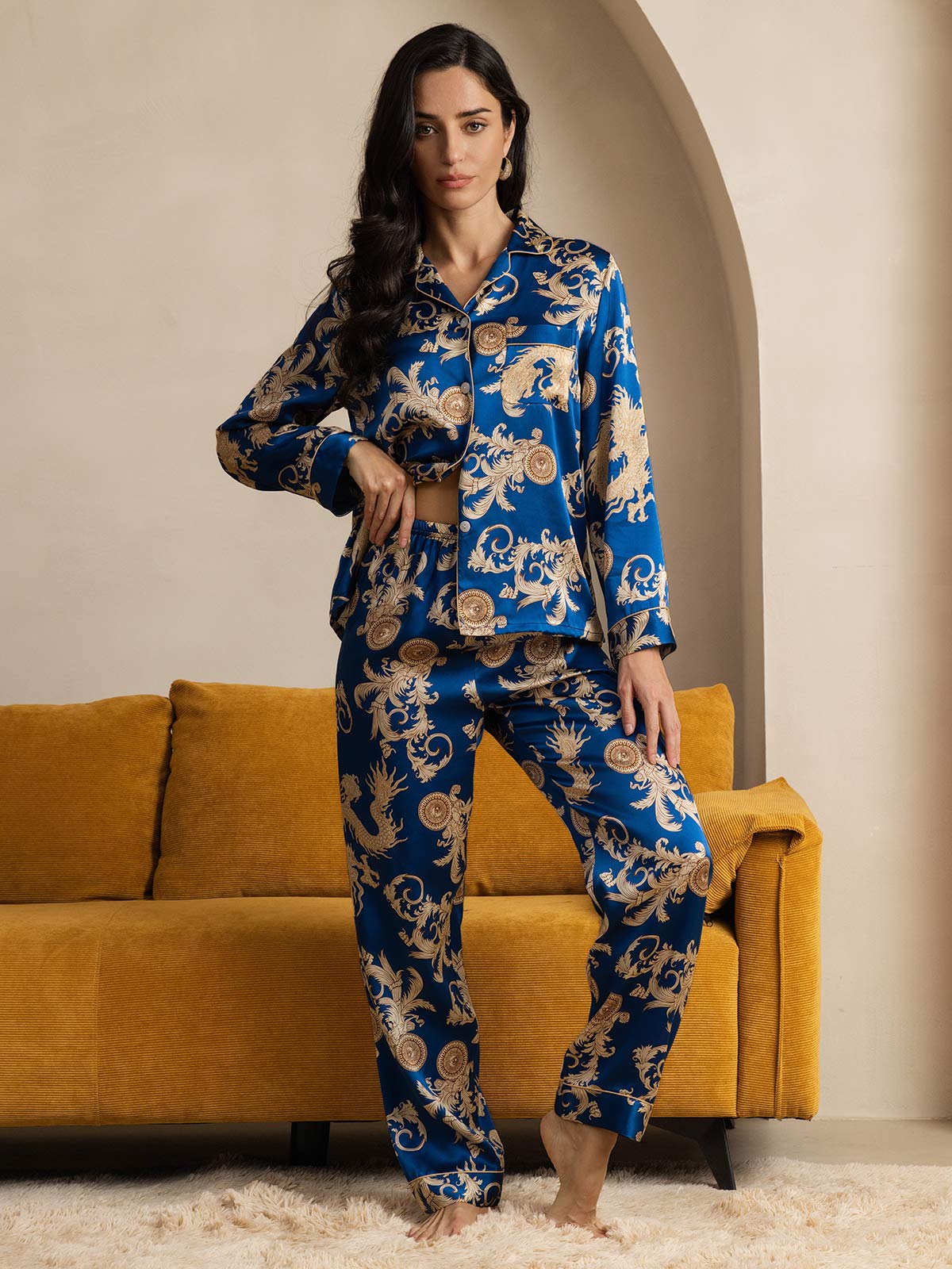 SilkSilky-CA Pure Silk Long Sleeve Lapel Women's Pajamas Blue 004