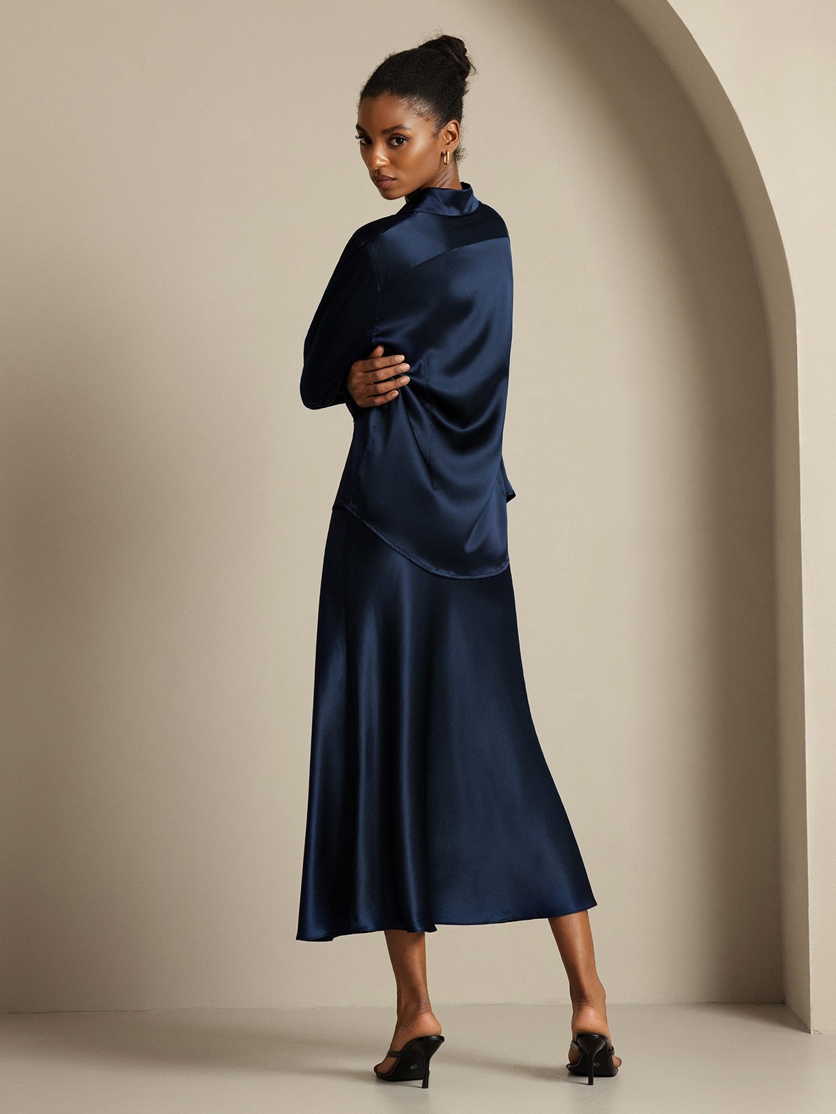 [Dark Blue] SilkSilky-CA 19Momme Silk Knitted Lapel Collar Women''s Outfit Sets 005,