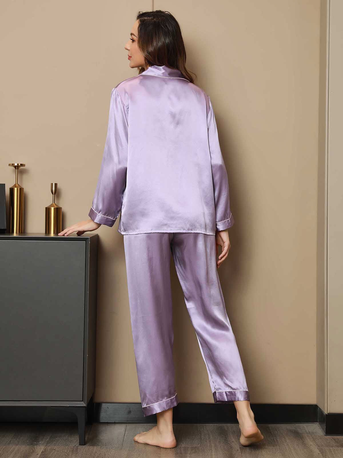 SilkSilky CA Pure Silk Long Sleeve Lapel Women's Pajamas Lavender 002