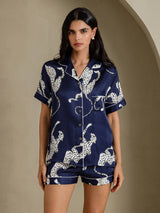 [Navy Cheetah] SilkSilky-CA Short Sleeve Notch Collar Women's Pajamas 004