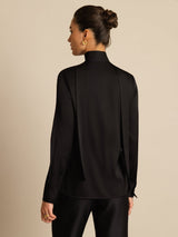 [Black] SilkSilky-CA 19Momme Stretch Silk Charmeuse Long Sleeve Tie Neck Blouse 002
