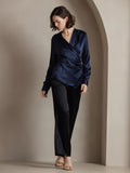 SilkSilky CA 19Momme Silk Long Sleeve V Neck Women's Shirt DarkBlue 005