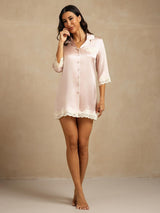 [Pink] SilkSilky-CA Pure Silk Lapel Collar Nightshirt 006