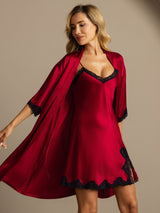 [Wine] SilkSilky-CA Half Sleeve V Neck Nightgown&Robe Set 004