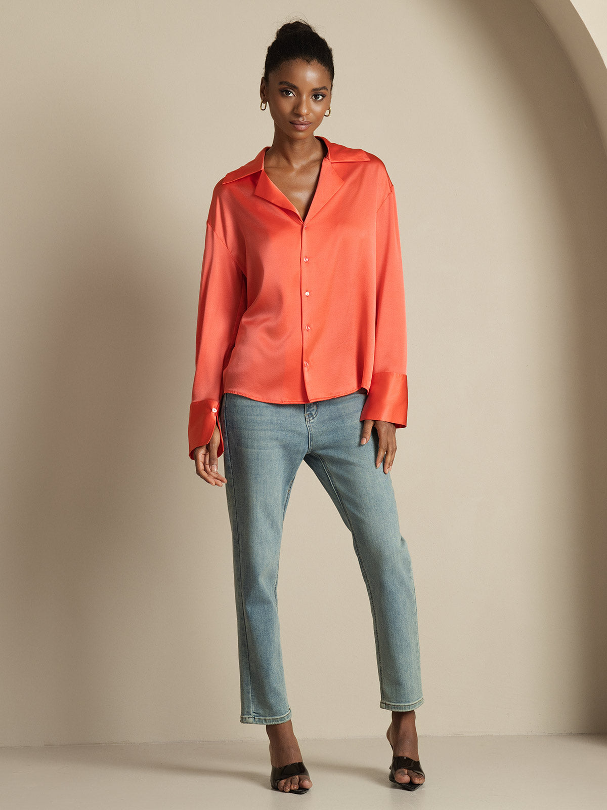 [Imperial Red] SilkSilky-CA 19Momme Silk Notch Collar Women's Shirt 008