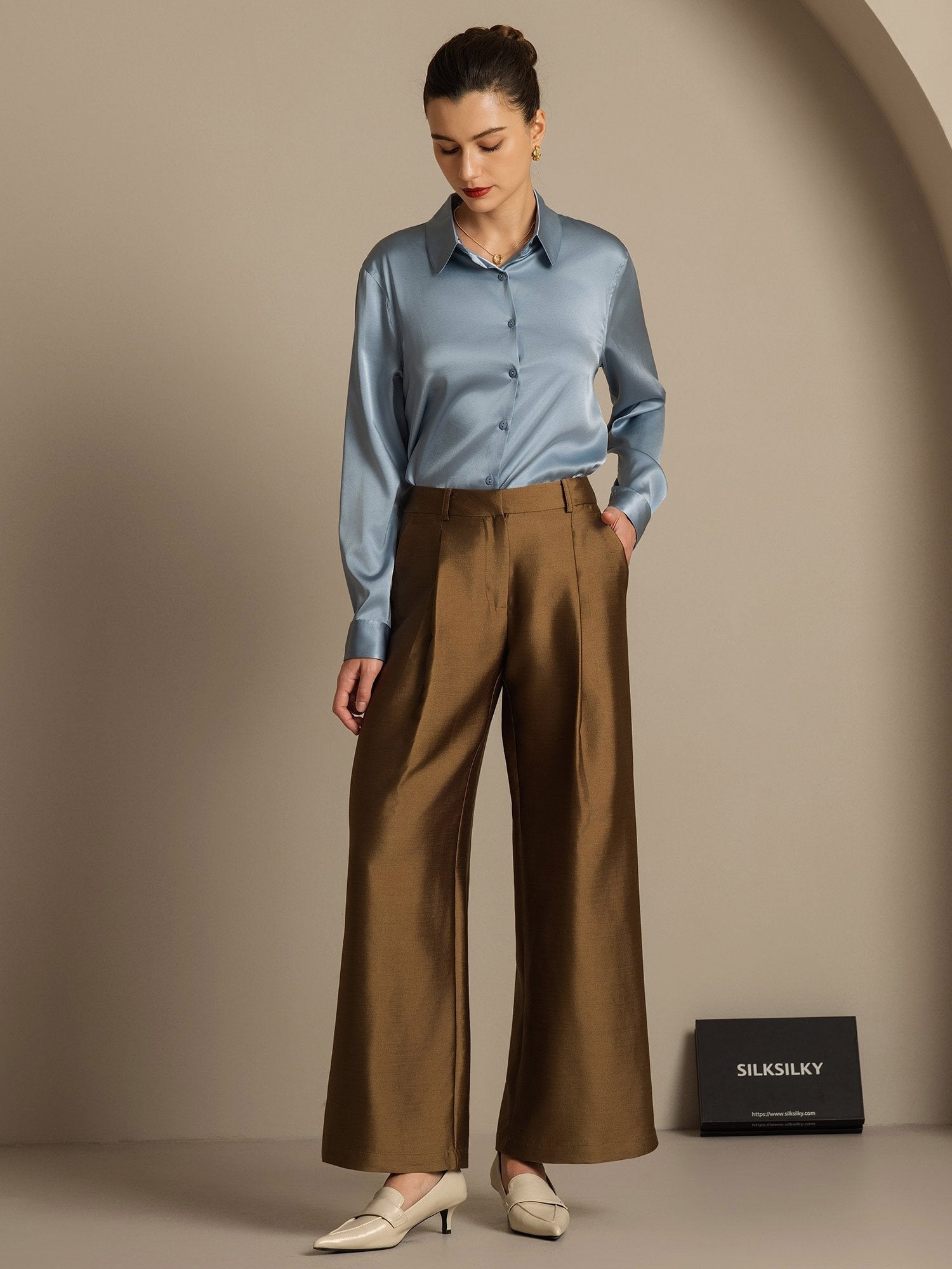 [Bronze] SilkSilky-CA 32Momme Silk-Wool Blend Womens Pants 007,