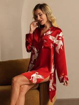 [Dark Red] SilkSilky-CA 19Momme Long Sleeve Notch Collar Nightshirt 007
