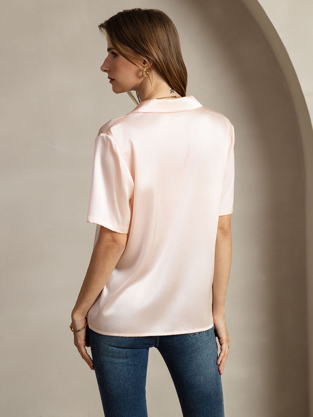 [Pink] SilkSilky-CA 19Momme Silk Notched Neck Women's Shirt 002