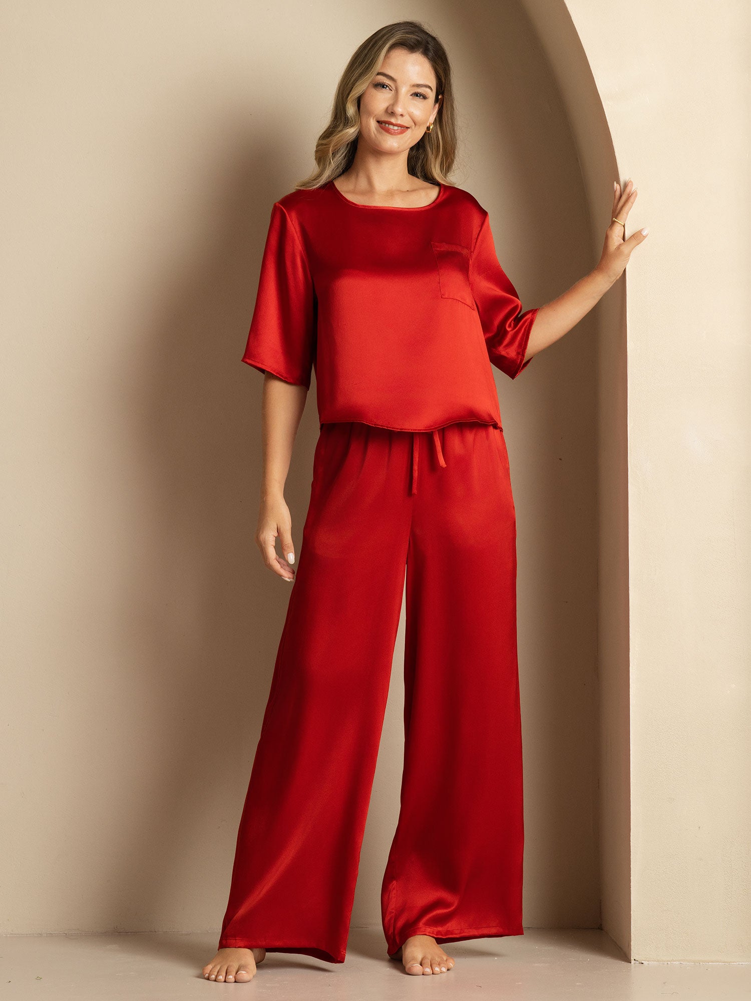 [Wine] SilkSilky-CA Pure Silk Round Neck Women's Pajamas 005