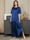 SilkSilky CA Pure Silk Short Sleeve Round Neck Women's Pajamas DarkBlue 003