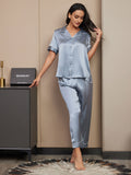 SilkSilky-CA Pure Silk Short Sleeve Lapel Women's Pajamas SteelBlue 003