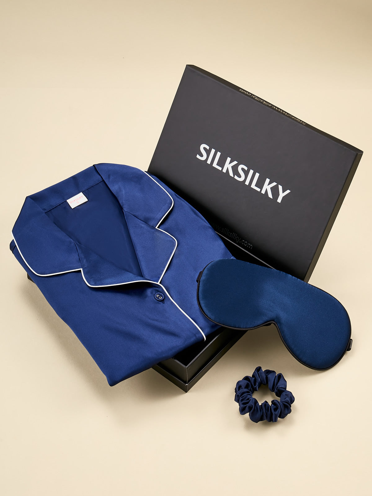 SilkSilky CA Pure Silk Short Sleeve Lapel Women's Pajamas DarkBlue 001