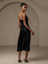 [Black] SilkSilky-CA Spaghetti Strap Cowl Neck Dress 002