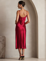 [Wine] SilkSilky-CA Spaghetti Strap V Neck Dress 002