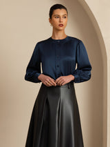 [Dark Blue] SilkSilky-CA 19Momme Long Sleeve Round Neck Blouse 004