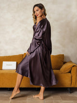 [Purple Gray] SilkSilky-CA Long Sleeve V Neck Nightgown&Robe Set 002