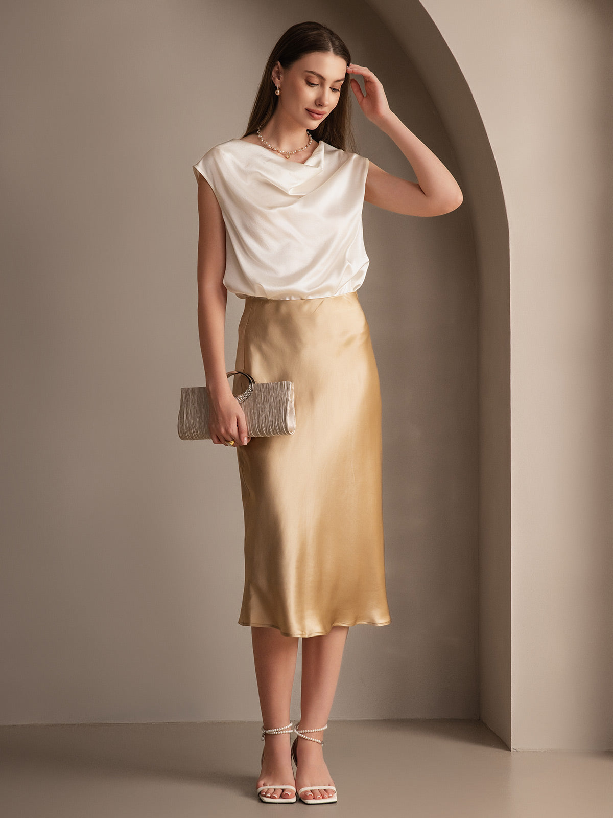 SilkSilky-CA 19Momme Pure Silk Skirt Champagne 005