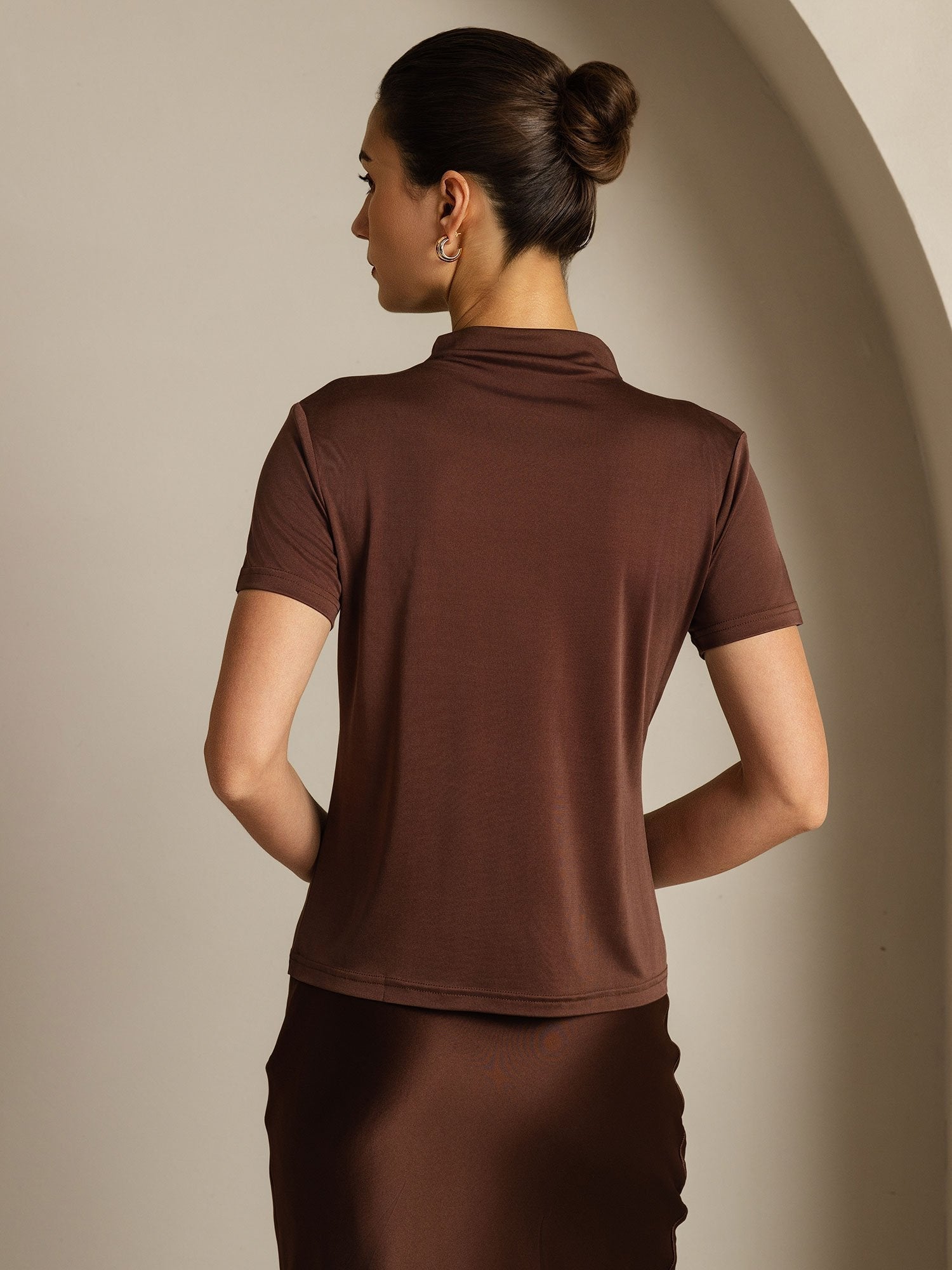 [Coffee] SilkSilky-CA Pure Silk Collar Women's T-Shirt 002